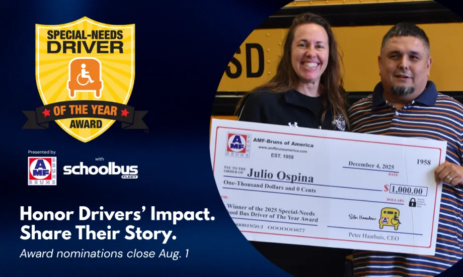 Promotional graphic for Special-Needs Driver of the Year Award featuring past winner holding $1,000 check; nominations open until Aug. 1