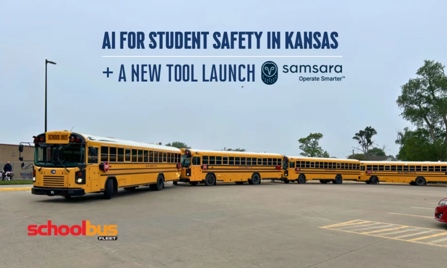 School Bus Fleet graphic showing multiple school buses lined up in a parking lot with text highlighting AI for student safety in Kansas and Samsara’s new transportation technology launch.