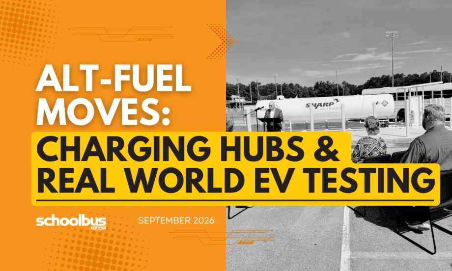 An orange and yellow graphic with a black and white image of a propane deployment event with text reading "Charging Hubs & Real World EV Testing."