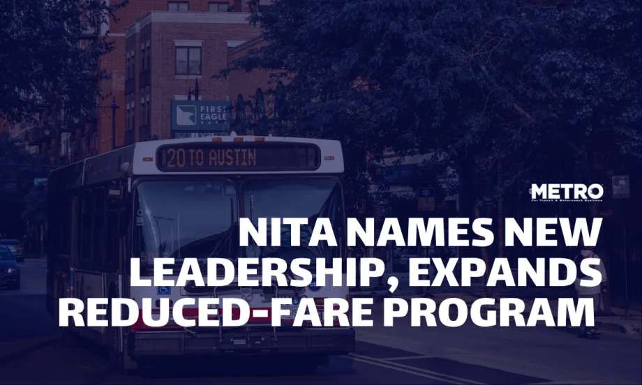A blue and white graphic with text reading "NITA Names New Leadership, Expands Reduced-Fare Program."