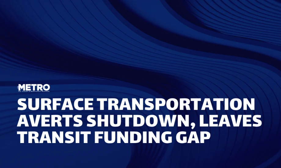 A blue and white graphic with text reading "Surface Transportation Averts Shutdown, Leaves Transit Funding Gap."