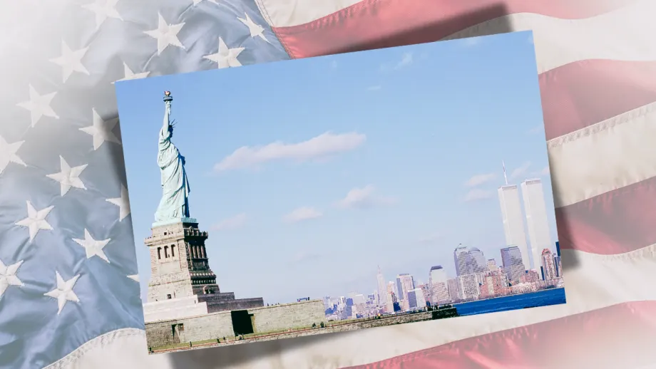 9/11 illustration featuring vintage-colored photo of statue of liberty and New York skyline before the attack, with American flag in the background.