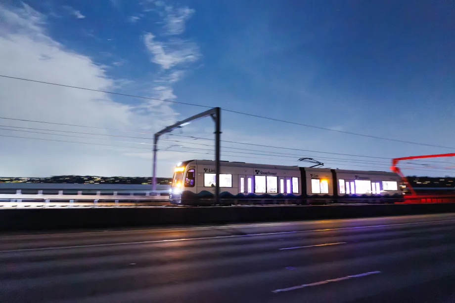 A Sound Transit Crosslake Connection Link light rail vehicle