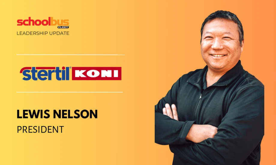School Bus Fleet leadership update graphic announcing Lewis Nelson as president of Stertil-Koni. The graphic features the Stertil-Koni logo and a portrait of Nelson standing with folded arms against a yellow and orange background.
