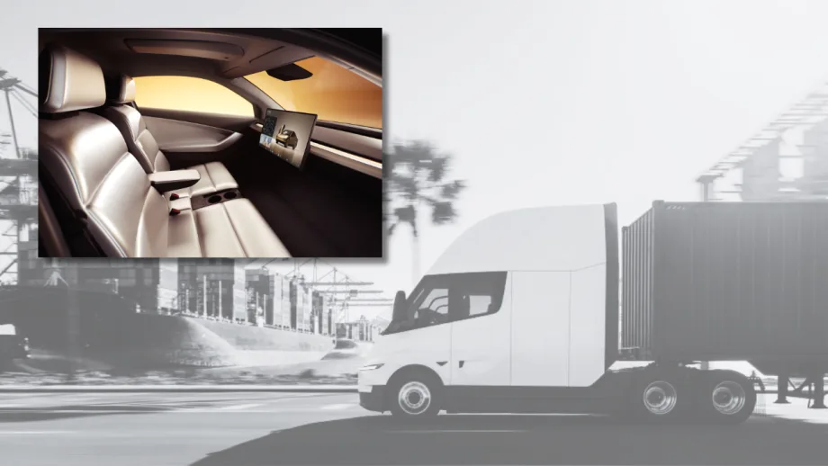 Tesla Semi electric truck with interior of Tesla Cybercab superimposed on top