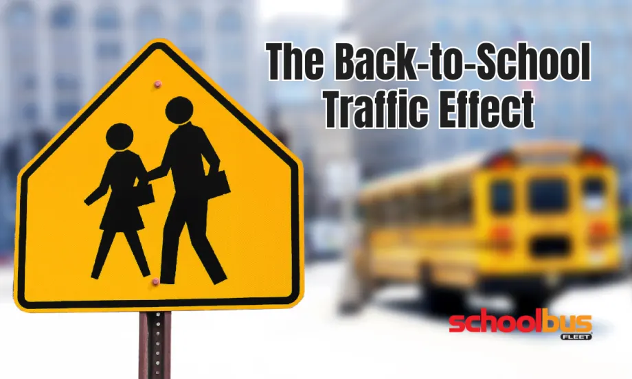 Graphic showing a yellow school crossing sign and blurred school bus with the headline, “The Back-to-School Traffic Effect.”
