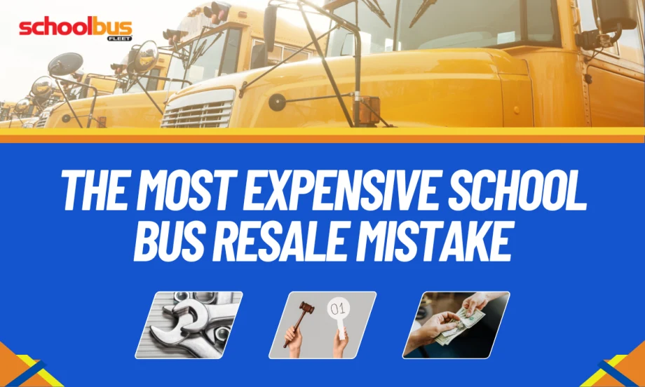 Graphic featuring several yellow school buses with the headline, “The Most Expensive School Bus Resale Mistake,” and images representing maintenance, auctions, and resale value.