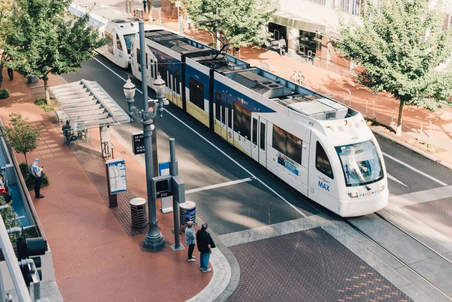 A TriMet MAX Light Rail vehicle overhead shot