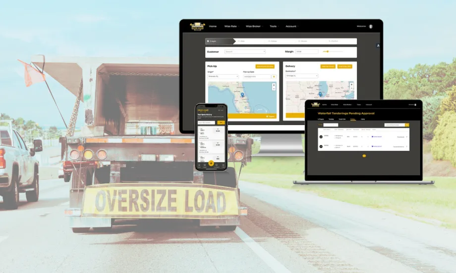 Illustration of computer and mobile screens with load matching software superimposed over photo of an oversize load
