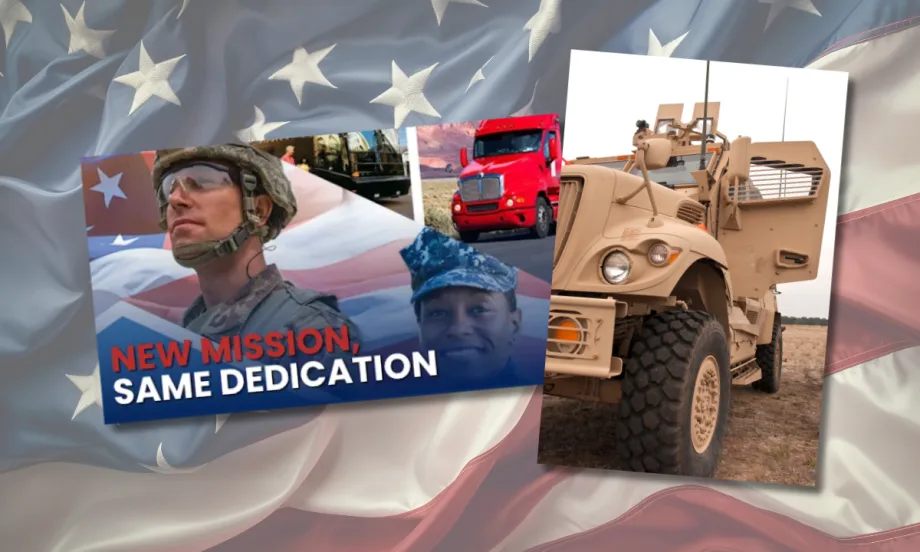American flag in background with photos of military truck and Freedom Haulers ad graphic