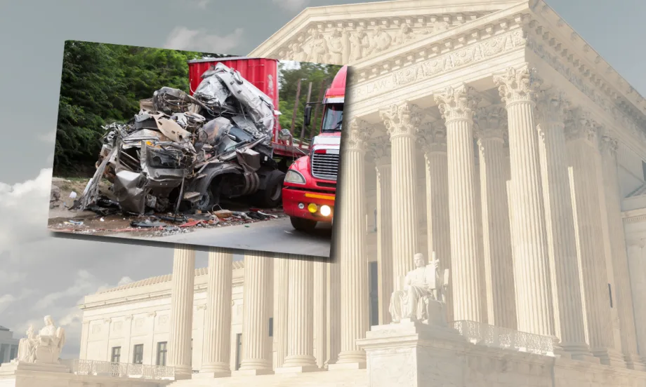 Illustration of U.S. Supreme Court building and a truck crash
