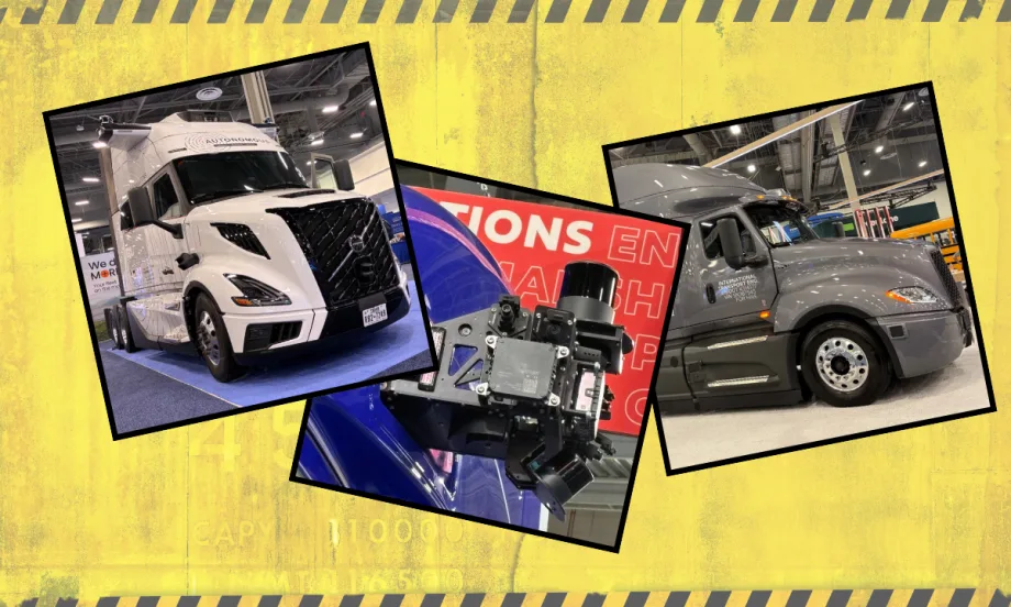Illustration with caution graphic in background and photos of autonomous trucks