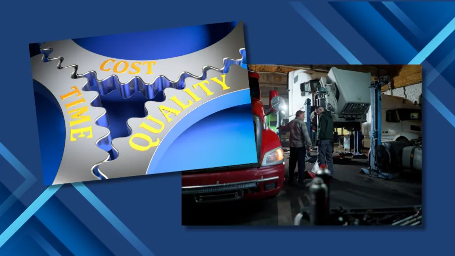Graphic illustration of balancing quality and price with truck shop photo in the background