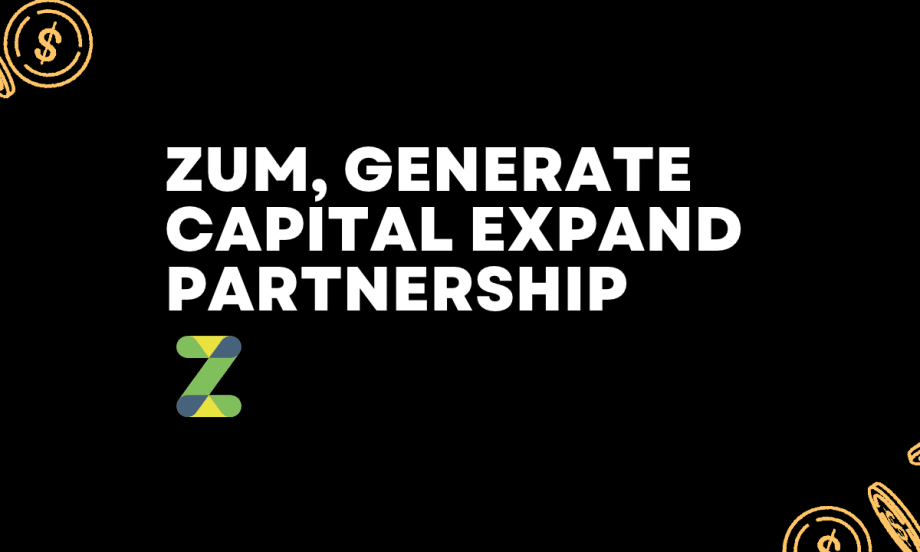 Black graphic with the headline “Zum, Generate Capital Expand Partnership,” the colorful Zum logo, and gold coin illustrations representing financing.