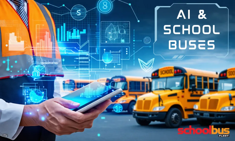 An image of a school transportation director holding a tablet, displaying data symbols overlayed, with several school buses visible in the background.