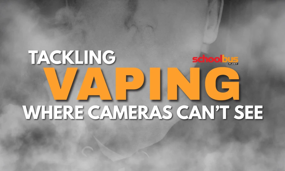 A black and gray background with smoke and text reading "Tackling Vaping Where Cameras Can't See".