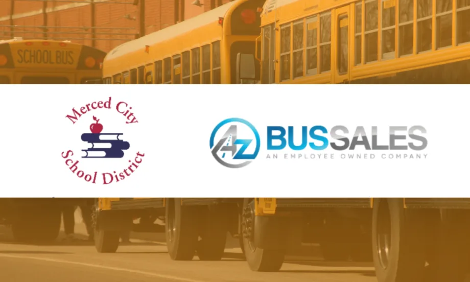 Logos of Merced City School District and A-Z Bus Sales over school buses, representing a completed EV charging infrastructure project for electric school buses.