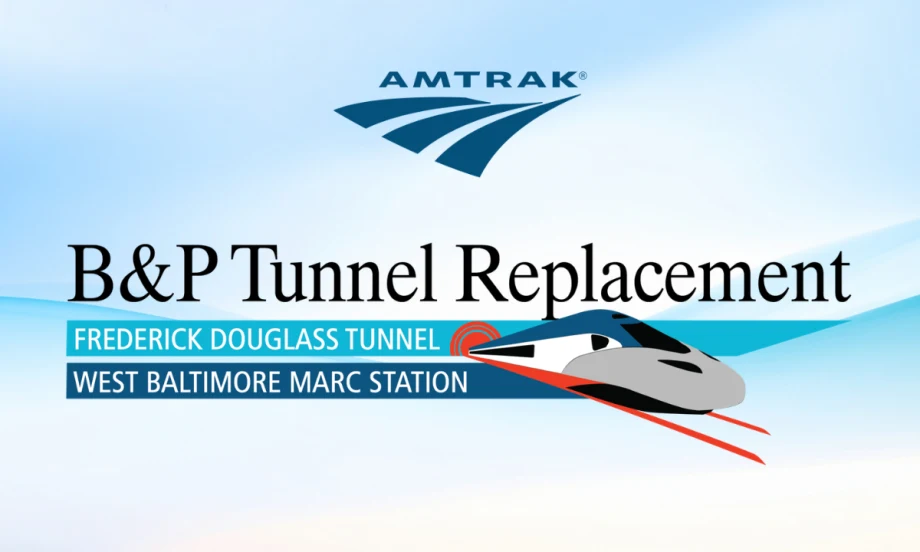 Graphic from Amtrak promoting the B&P Tunnel Replacement and Frederick Douglass Tunnel project, featuring the Amtrak logo, project title and an illustration of a high-speed train near the West Baltimore MARC Station.