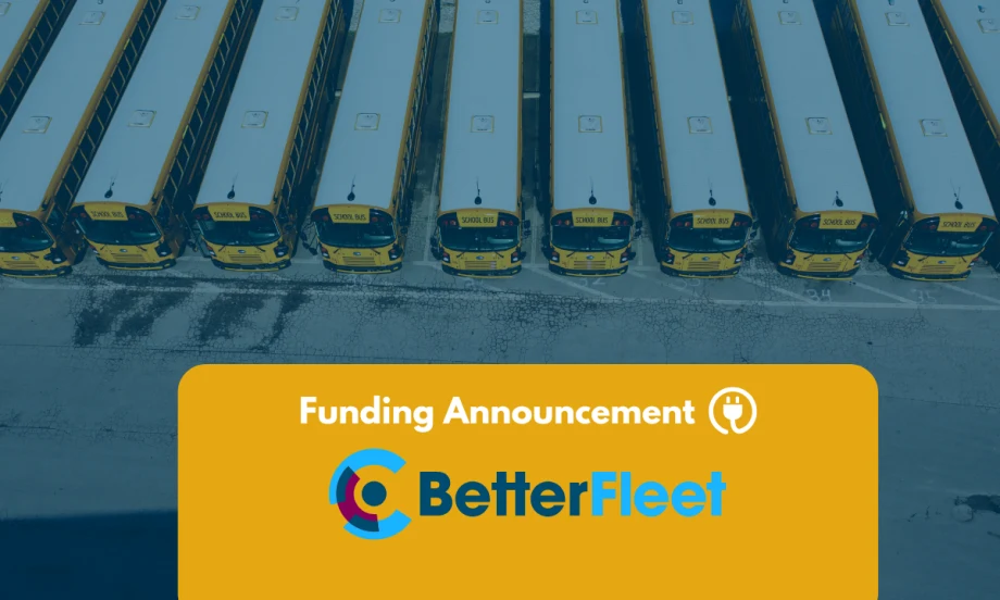 Aerial view of rows of yellow school buses parked in a lot, overlaid with a yellow banner reading “Funding Announcement” and the BetterFleet logo.