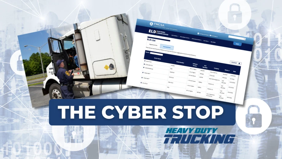 The Cyber Stop header showing an enforcement officer talking to a truck driver and a screen shot of the FMCSA's revoked ELDs list