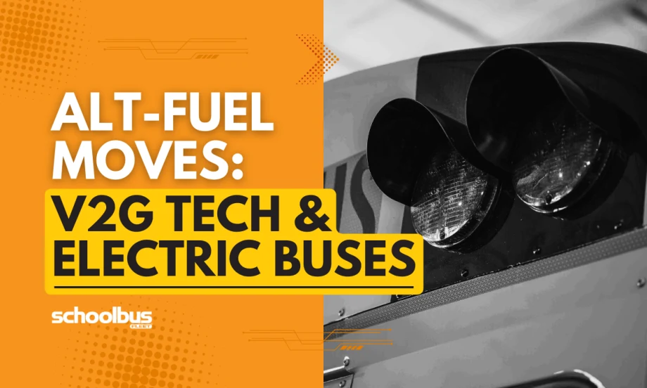 An orgnge, white, and black graphic with a black and white detail shot of lights on a school bus.