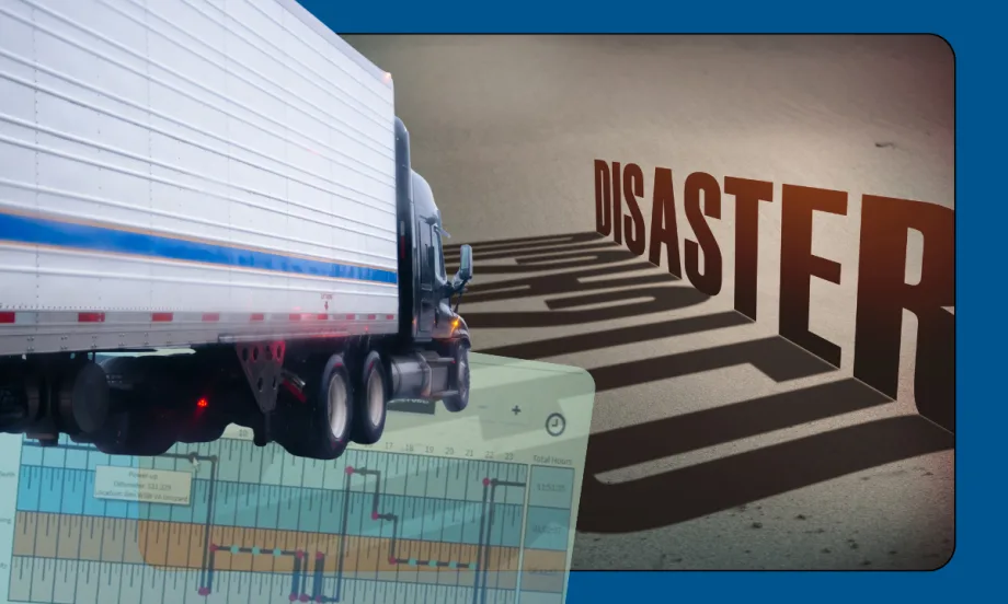 Illustration with truck, driver hours of service logs, and the word disaster