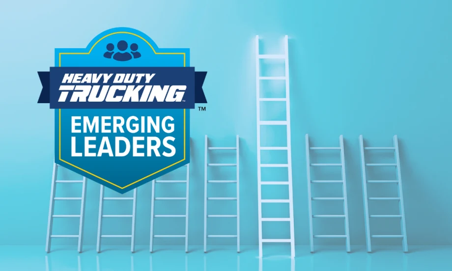 Image showing a row of ladders with one reaching higher than the others, with an HDT Emerging Leaders logo