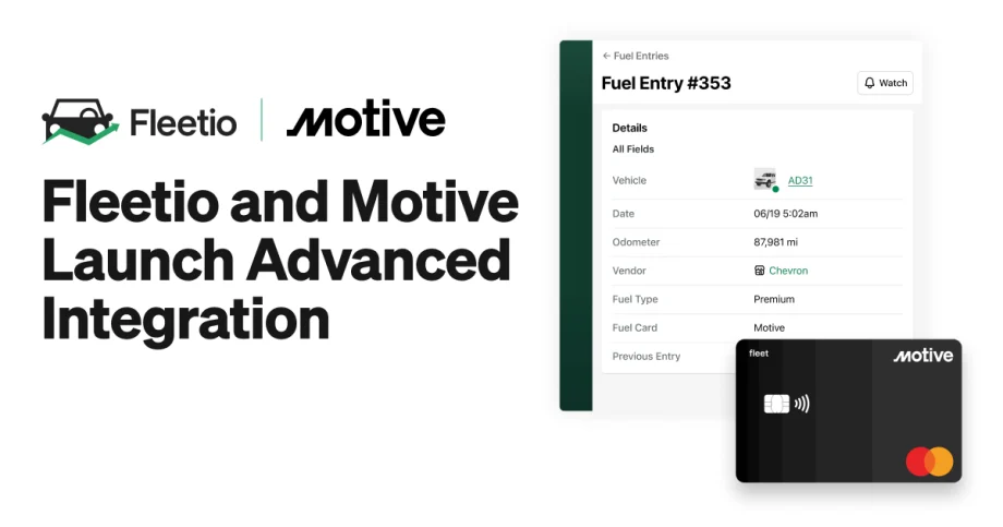 Promotional graphic announcing Fleetio and Motive’s advanced integration. The image shows both company logos, text that reads ‘Fleetio and Motive Launch Advanced Integration.'