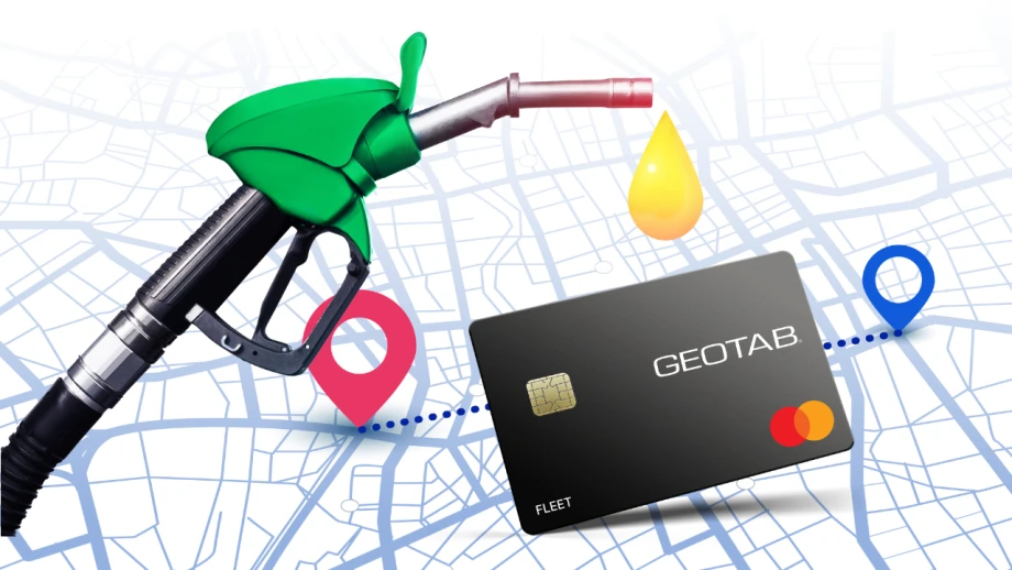 Illustration of map with GPS markers overlaid with Geotab fleet card and a fuel pump nozzle
