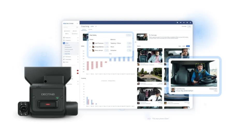 Geotab fleet safety platform showing driver coaching data and video of driving events alongside a Geotab vehicle camera.