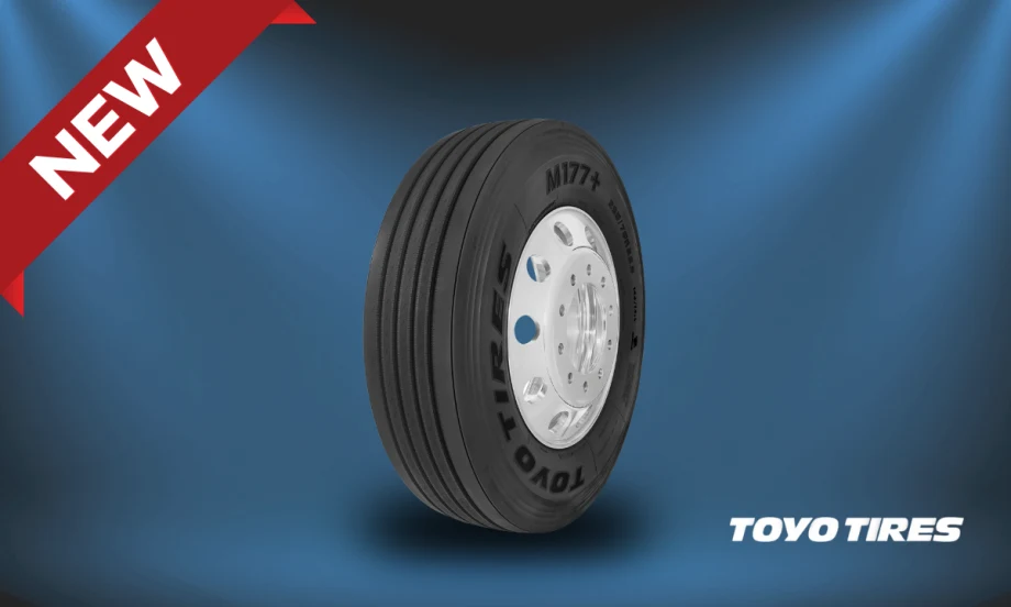 Product graphic of a Toyo M177+ long-haul steer tire on a blue background with a “NEW” banner and the Toyo Tires logo.