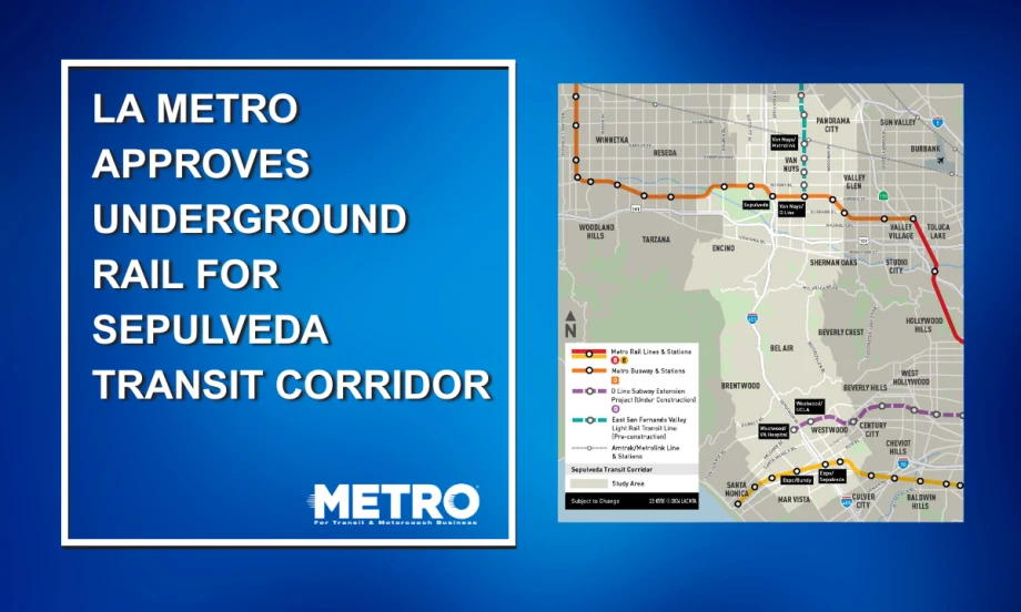 A blue and white graphic with a map of the proposed study area for the Sepulveda Transit Corridor and text reading "LA Metro Approves Underground Rail for Sepulveda Transit Corridor."