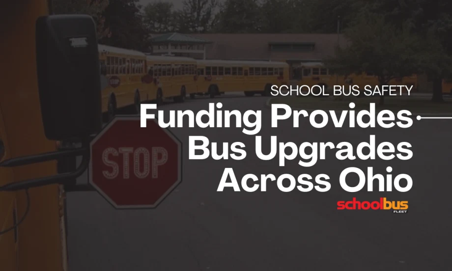 Image of an extended stop-arm with text reading "School Bus Safety: Funding Provides Bus Upgrades Across Ohio."