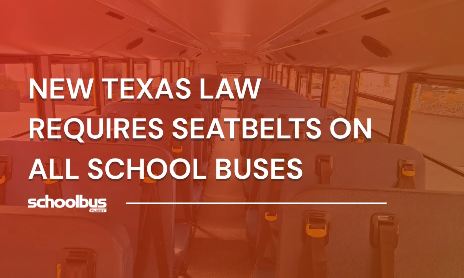 Interior of a school bus showing rows of seats with integrated three-point seat belts, highlighting Texas’ new law requiring seat belts on all school buses.