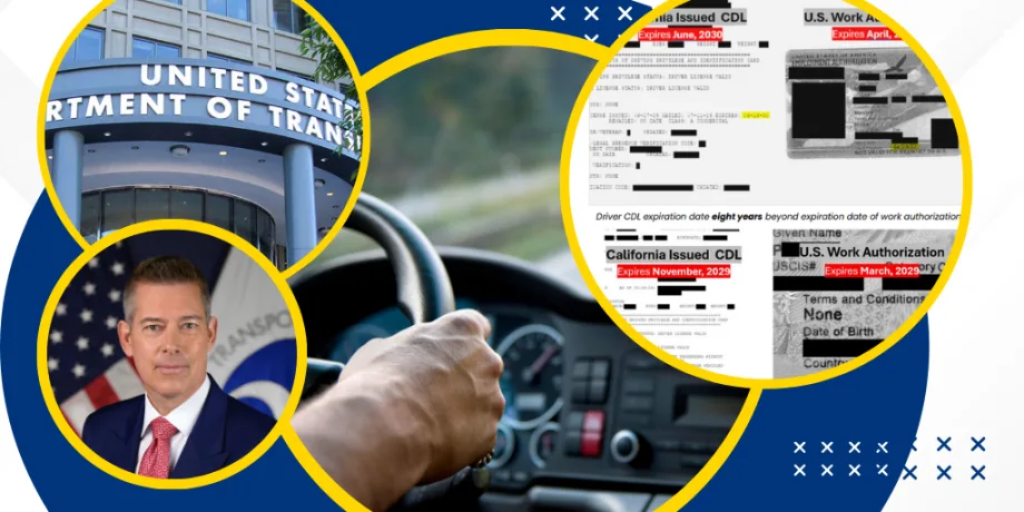 Illustration showing a driver behind the wheel, DOT offices, and examples of problematic non domiciled CDL