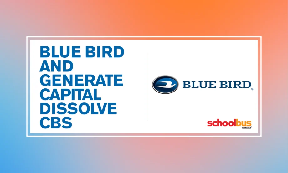 A blue, orange, and white graphic with text reading "Blue Bird and Generate Capital Dissolve CBS."