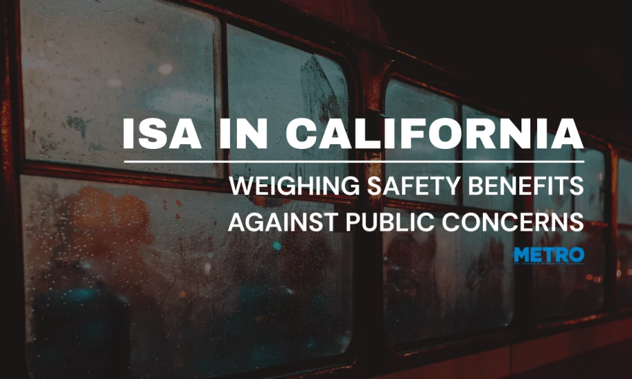 Silhouettes in a bus window with text Reading "ISA in California: Weighing Safety Benefits Against Public Concerns."