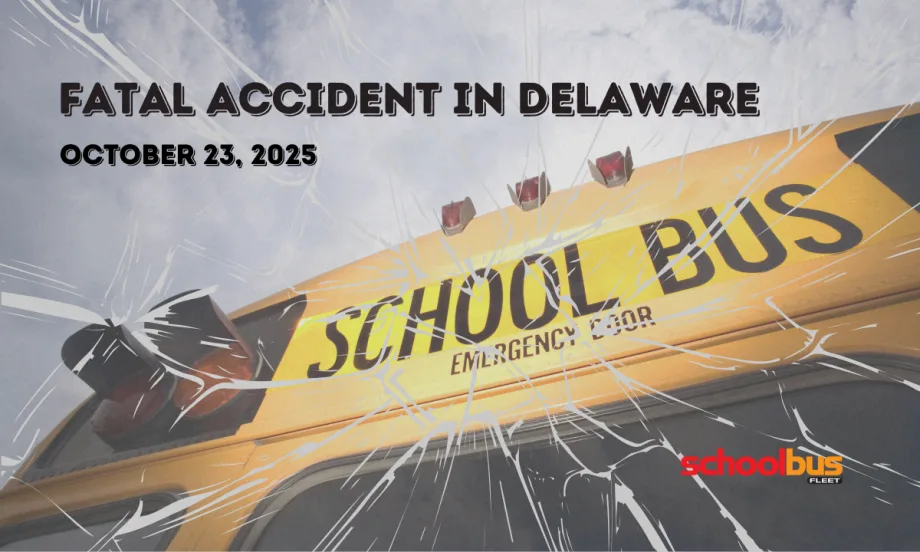 The top of a school bus with text reading "Fatal Accident in Delaware."