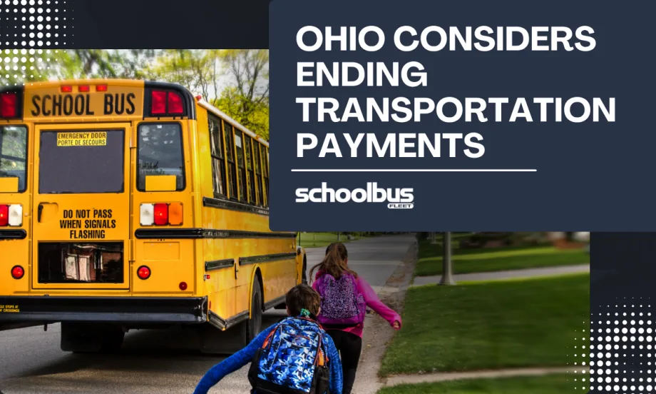 Graphic for a School Bus Fleet news story showing a school bus, two students walking toward it, and the headline, "Ohio Considers Ending Transportation Payments," referring to proposed changes to student transportation policy.