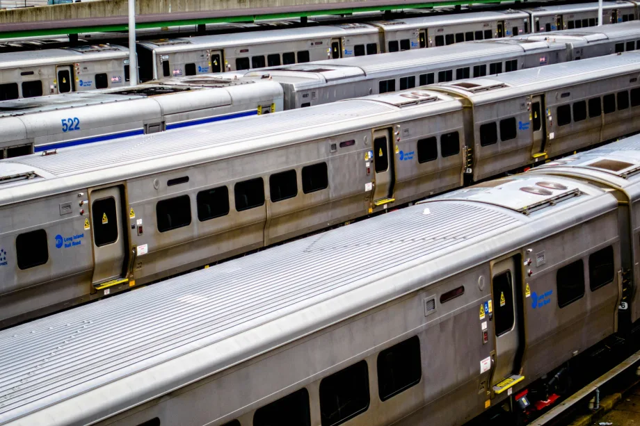 Rows of MTA's Long Island Railroad (LIRR) commuter rail cars.