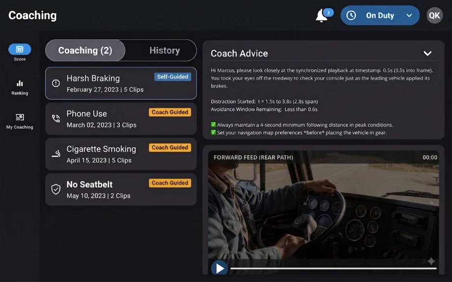 PS Coach tablet interface showing a driver’s coaching inbox, safety event video and coaching advice for a harsh-braking event.