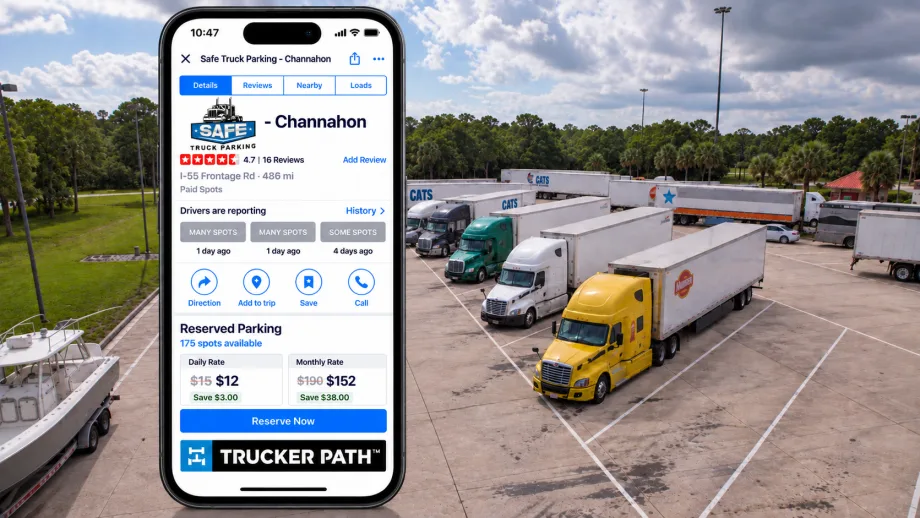 Illustration of trucks parked in lot with Trucker Path app on phone screen superimposed on top