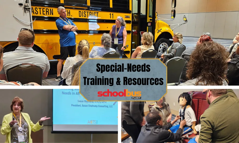 Composite image showing school transportation professionals participating in special-needs training sessions, including hands-on demonstrations and classroom instruction, with a school bus visible in