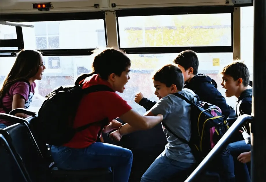 An image of students engaged in a physical altercation inside a school bus, capturing a moment of conflict and tension.