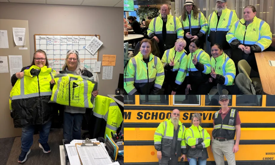 School transportation employees wearing high-visibility safety jackets pose in offices and near school buses as part of a driver safety recognition program.