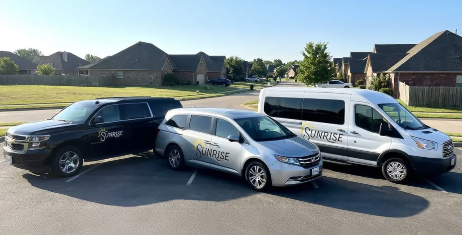 Three Sunrise-branded student transportation vehicles — a black SUV, silver minivan, and white passenger van — parked together in a residential neighborhood.
