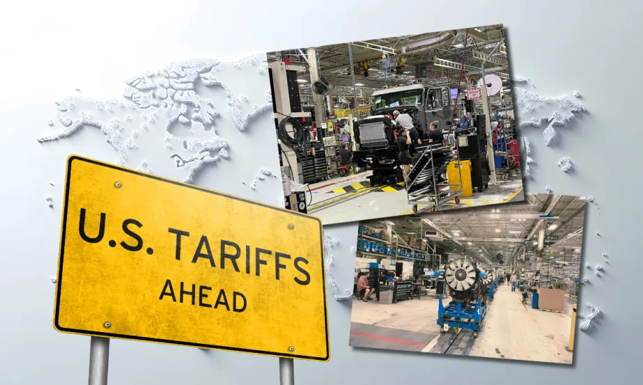 Illustration of tariffs with photos of truck manufacturing and a "US Tariffs Ahead" sign
