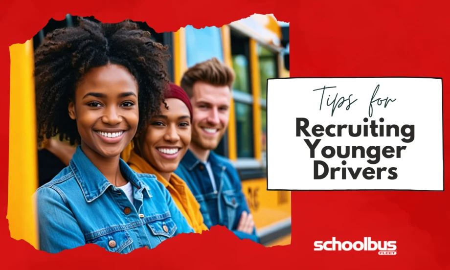 An image of a diverse group engaged in a dynamic recruitment campaign targeting Millennials and Gen Z to become school bus drivers, featuring three individuals confidently looking at the camera.