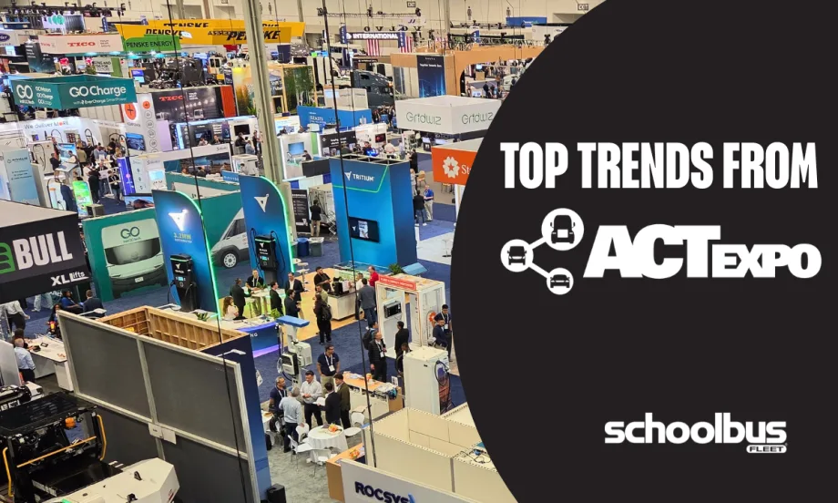 Graphic showing a wide overhead view of the ACT Expo 2026 trade show floor filled with exhibitors, charging technology displays, and attendees. A black overlay on the right side features the text “Top Trends from ACT Expo” alongside the ACT Expo logo and School Bus Fleet branding.