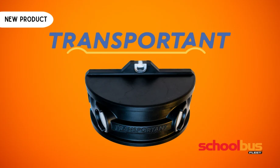 Transportant stop arm camera shown on an orange “new product” graphic with School Bus Fleet branding.